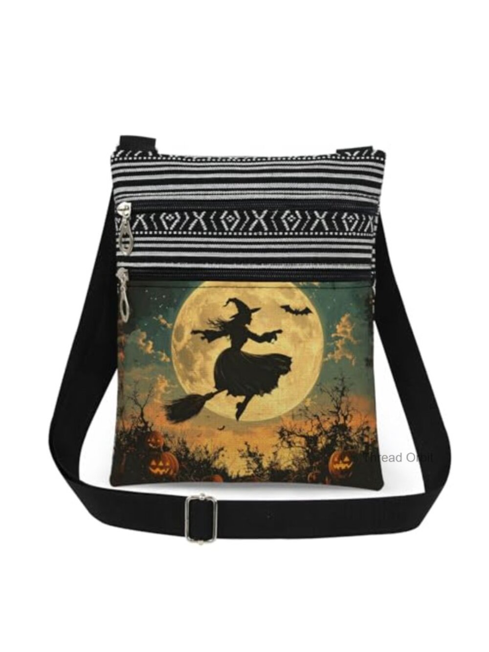 Halloween Witch Bat Crossbody Bag Polyester Adjustable Strap Purse